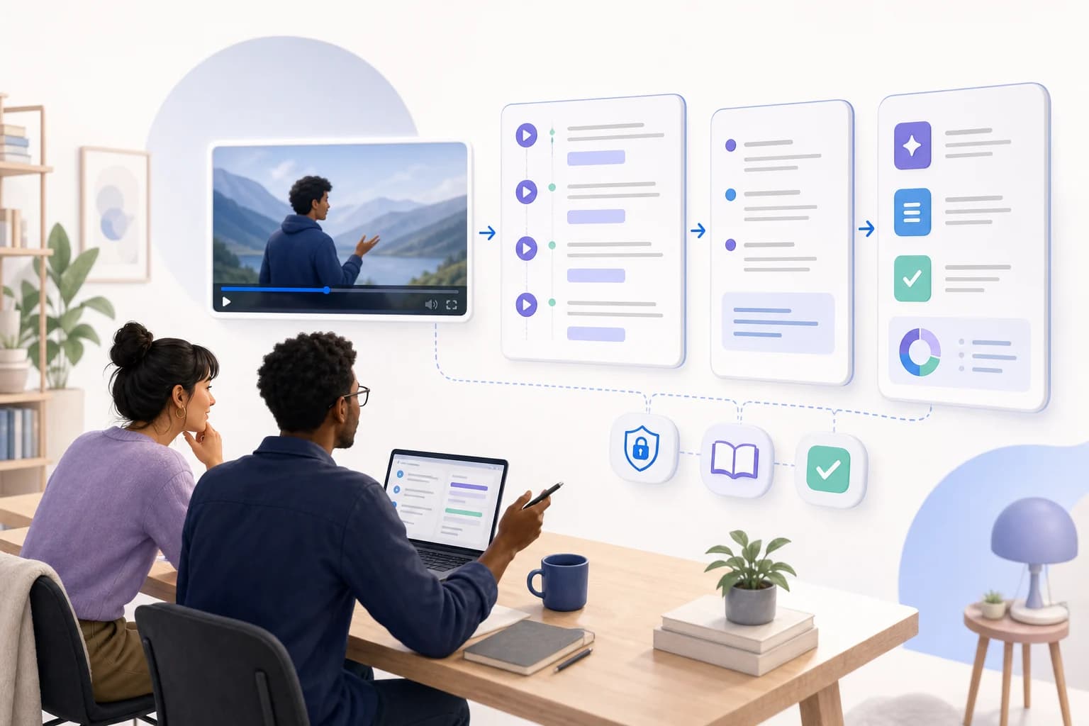 Editorial illustration of an independent team reviewing a video-to-transcript and insights workflow
