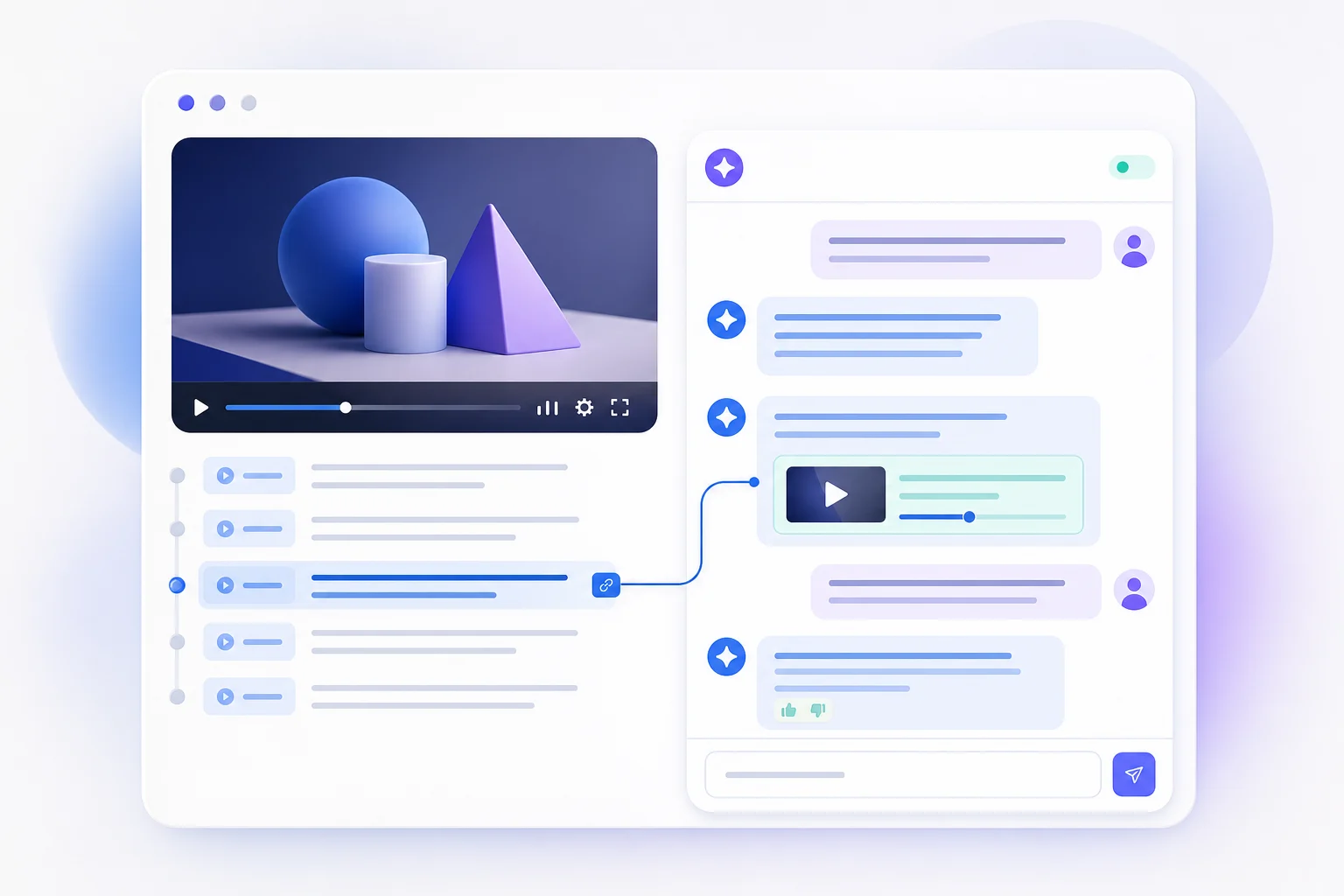Illustration of a timestamped video transcript connected to an AI question and answer panel