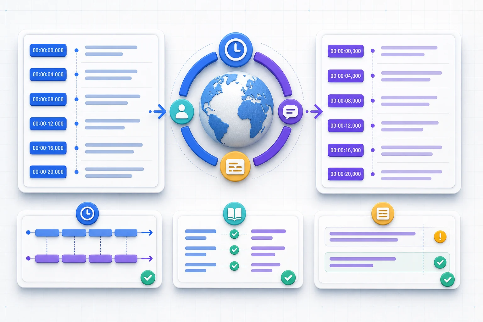 Translation workflow with aligned source and target transcript timestamps and quality checks